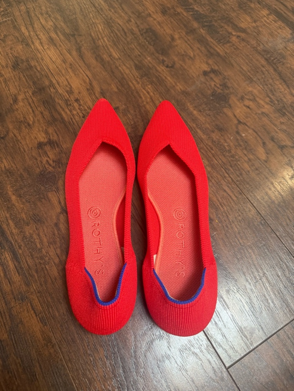 Rothy's Red Pointed-Toe Knit Flats with Blue Trim